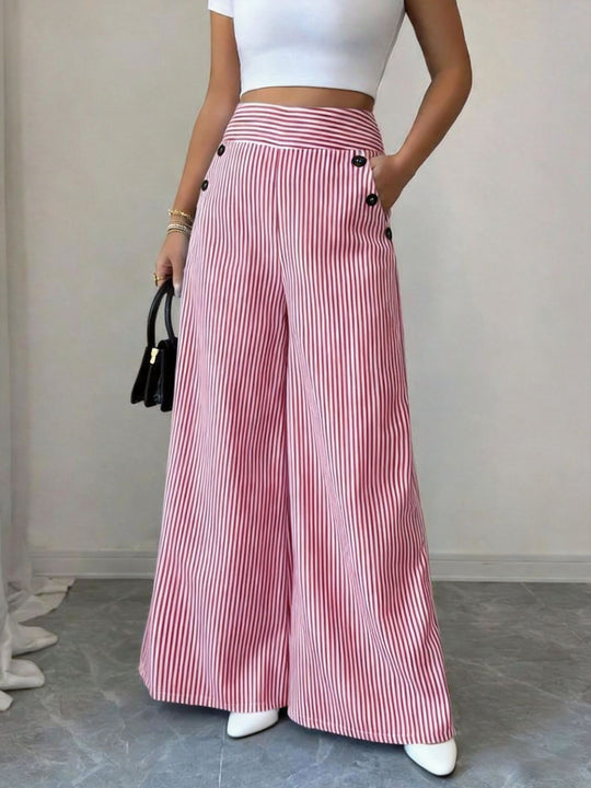 Damen nan hochgeschnittene Palazzo-Hose mit maritimen Knopfdetails und weitem Bein EB