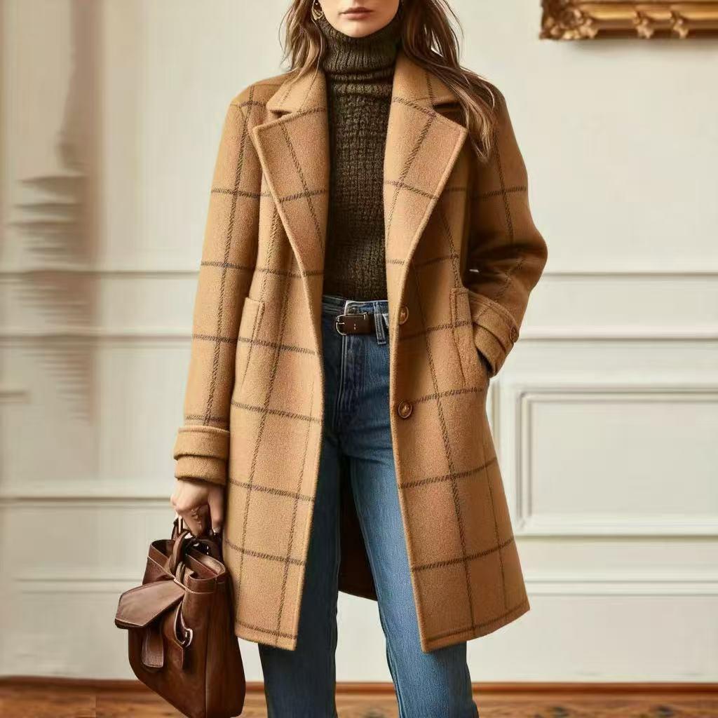 Damen nan karierter Wollmix Mantel mit Reverskragen, aufgesetzten Taschen und taillierter Silhouette EB