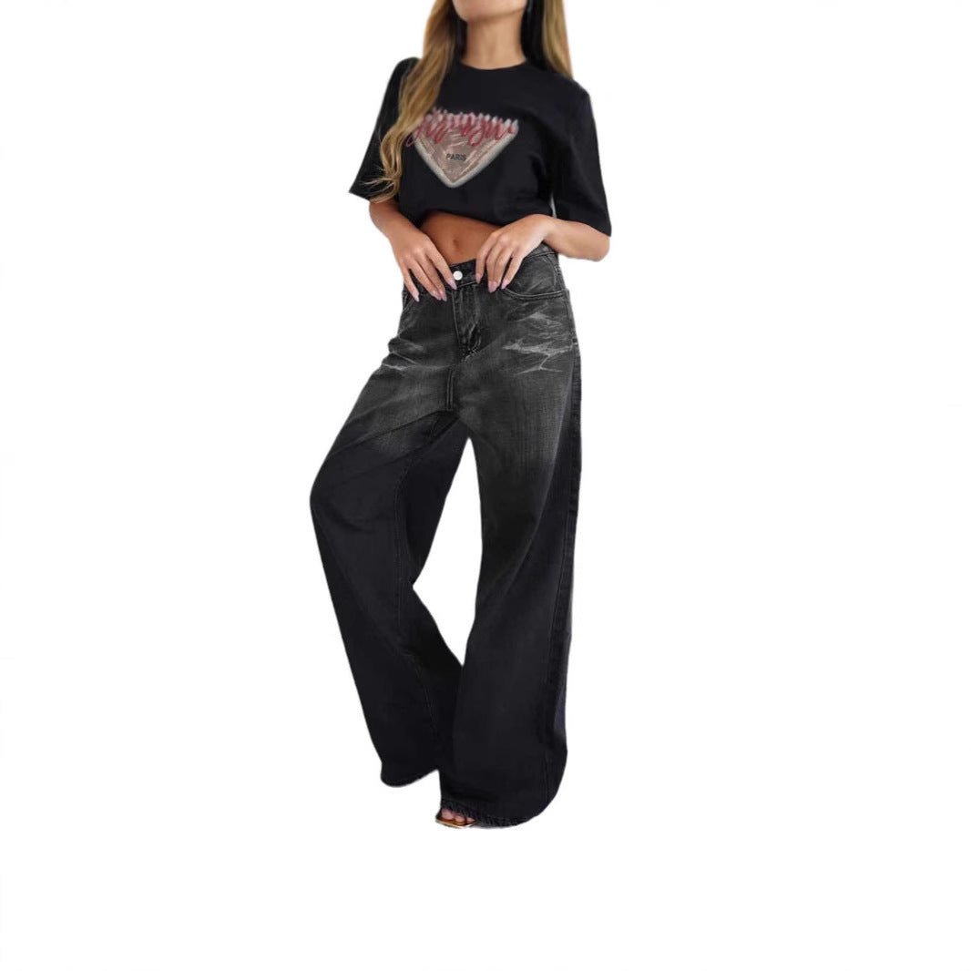 Damen lockere High-Waist Jeans mit angesagtem Farbverlauf und weitem Bein EB
