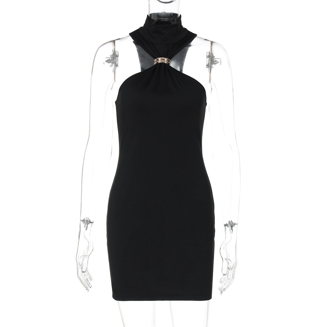 Damen elegantes Minikleid mit hohem Kragen und Details aus satinierter Textur EB