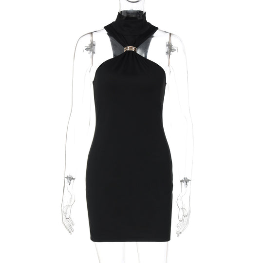 Damen elegantes Minikleid mit hohem Kragen und Details aus satinierter Textur EB