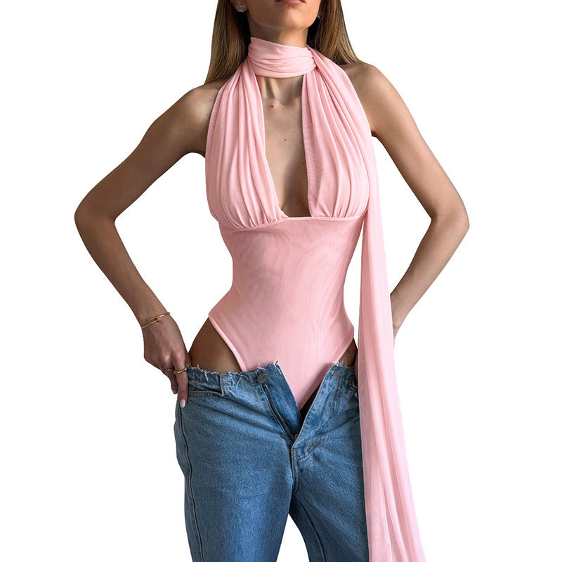 Damen eleganter und raffinierter Badeanzug mit tiefem V-Ausschnitt und fließendem Material EB