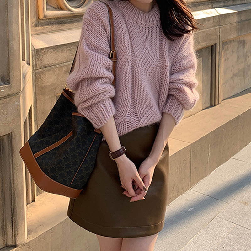Damen Grob gestrickter Pullover mit hohem Kragen und weitem Schnitt EB