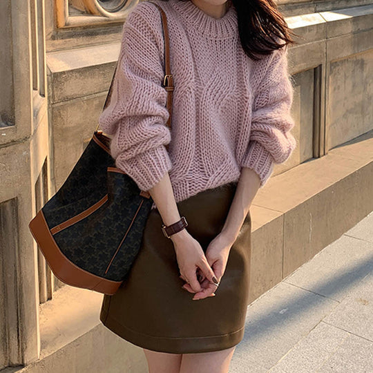 Damen Grob gestrickter Pullover mit hohem Kragen und weitem Schnitt EB