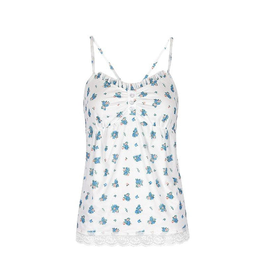 Damen Spaghetti-Träger Bluse mit floralem Muster und Spitzenbesatz EB