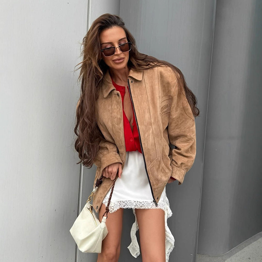 Damen Oversized Wildlederjacke mit großen Taschen und lässigem Schnitt EB