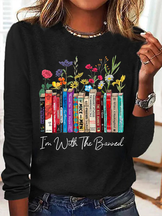 Damen Langarmshirt mit Bücher- und Blumenmotiv EB