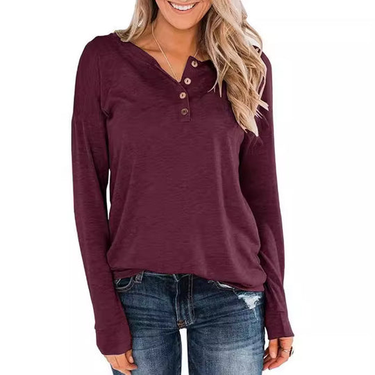 Damen modisches Langarm-Henley-Shirt mit Knopfleiste EB