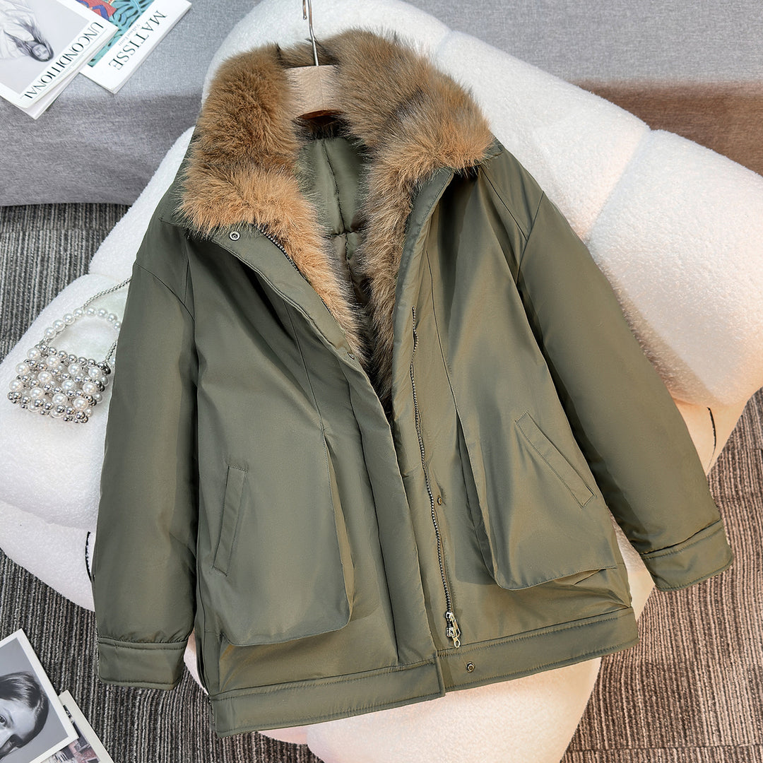 Damen nan mittellanger winddichter Winterparka mit abnehmbarem Kunstfellkragen, wattierter Innenblende und asymmetrischem Saum EB