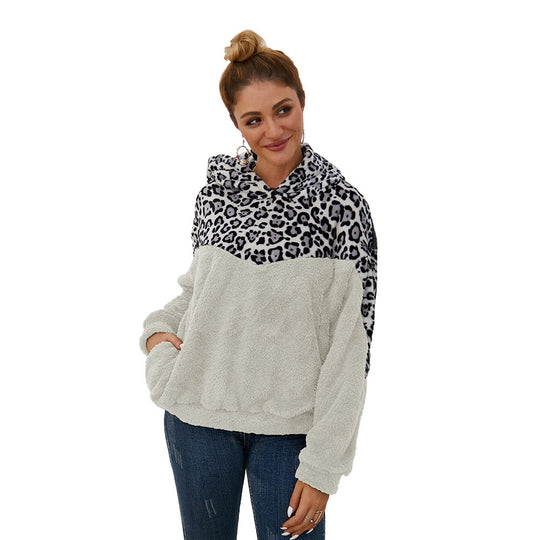 Damen Gemütlicher Teddy-Pullover mit Kapuze und Leopardenmuster EB