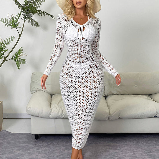 Damen luftiges Häkel-Strandkleid mit V-Ausschnitt und Schnüroptik EB