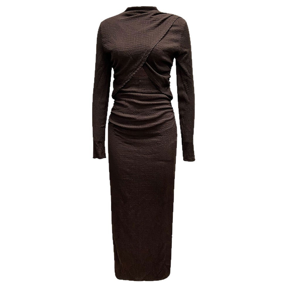 Damen geripptes Maxikleid mit gedrehtem Vorderteil Cut-Out taillierter Raffung und hohem Seitenschlitz Eichborn Berlin