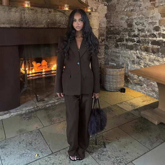 Damen Zweiteiliges maßgeschneidertes Blazer‑Hosen‑Set mit tailliertem Schnitt und weitem Palazzohosenbein EB