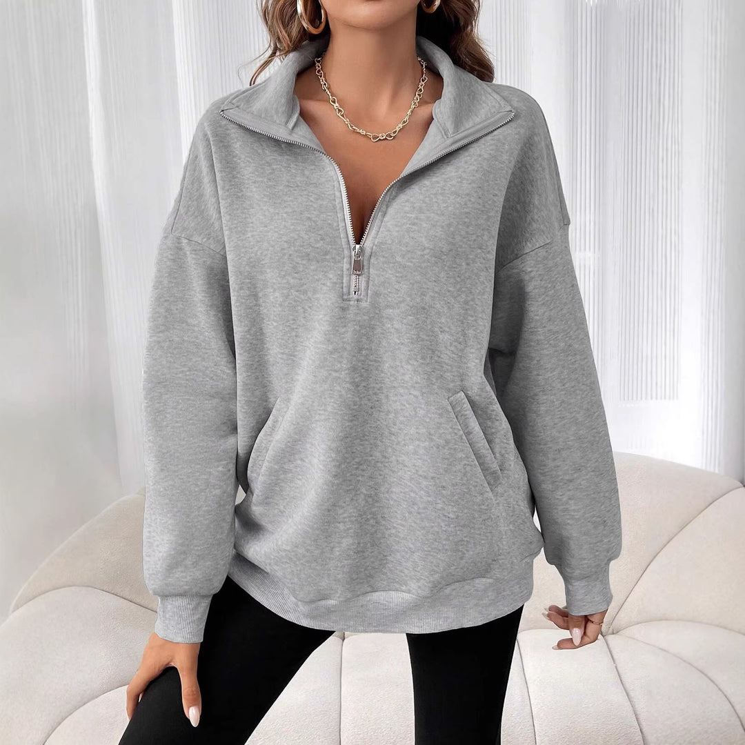 Damen Oversize Sweatshirt mit halbem Reißverschluss, Kängurutasche und Stehkragen EB