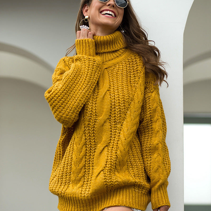Damen Grobstrickpullover mit hohem Kragen und Zopfmuster EB