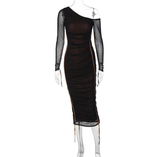 Damen Langarm-Midi-Kleid mit asymmetrischem Schnitt und romantischem Rüschendesign EB