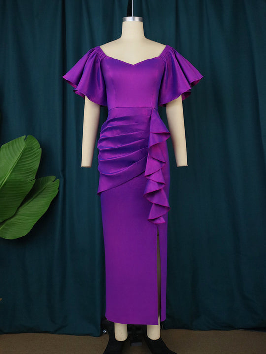 Damen Elegantes Maxikleid mit voluminösen Ärmeln und asymmetrischem Rüschen-Design EB