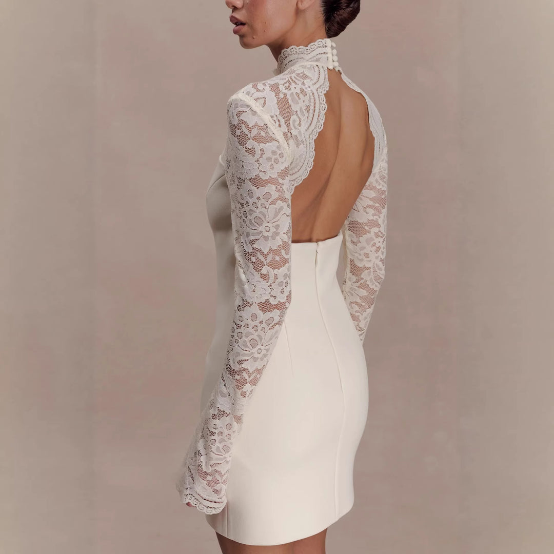 Damen Elegantes Minikleid mit Spitzenoberteil und hochgeschlossenem Kragen EB