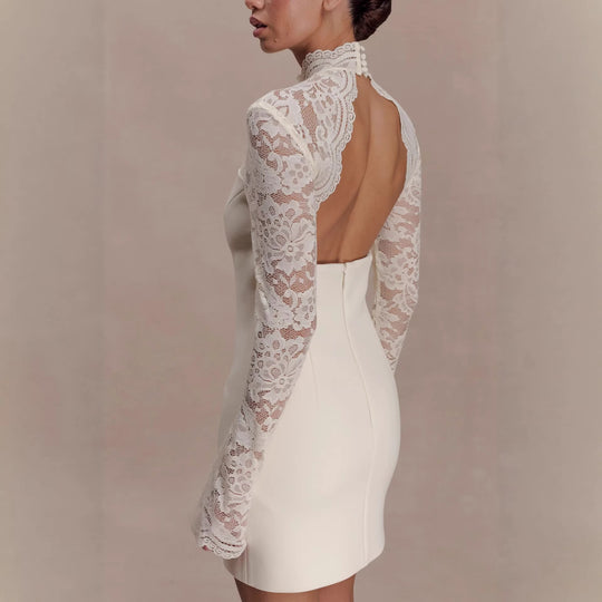 Damen Elegantes Minikleid mit Spitzenoberteil und hochgeschlossenem Kragen EB