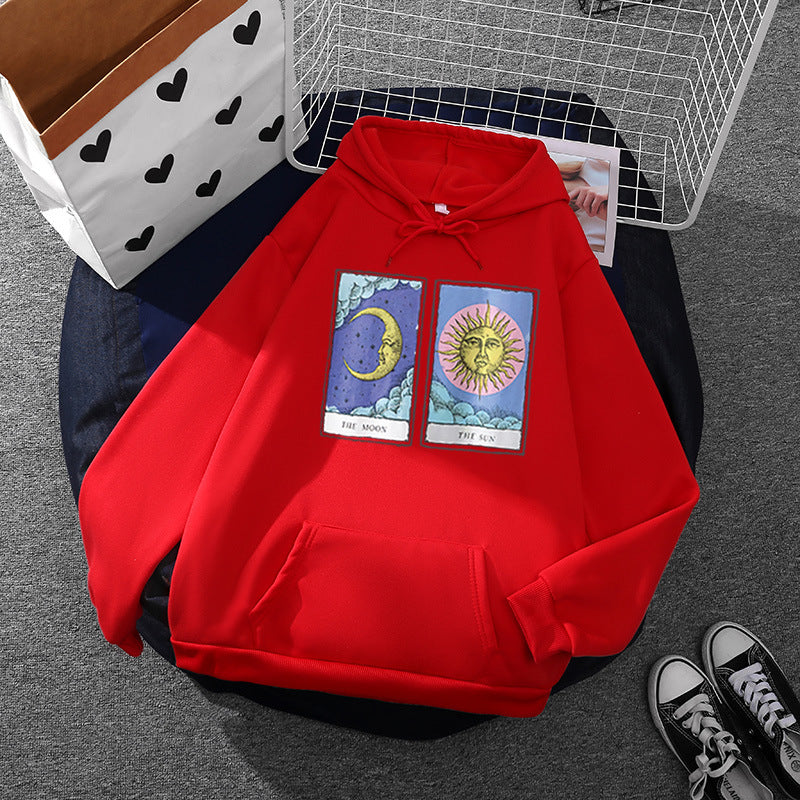 Damen nan leichter Oversize Kapuzenpullover mit Herz‑EKG‑Motiv, langen Kordeln und elastischem Bund EB