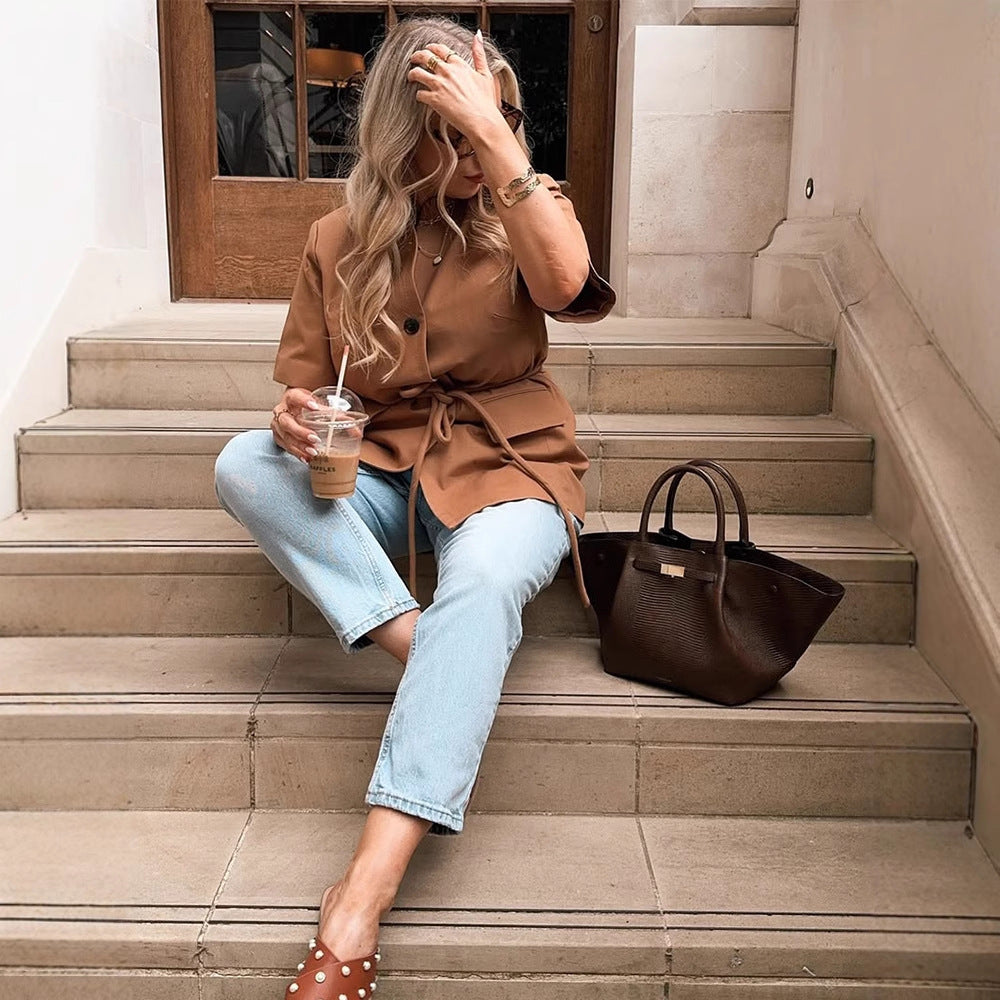 Damen modische Übergangsjacke mit Gürtel und praktischen Taschen EB