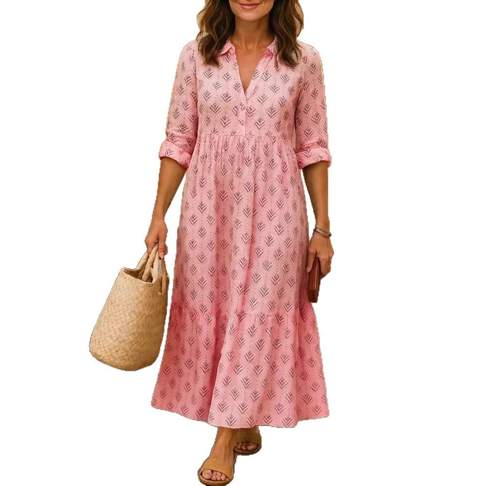 Damen Maxikleid mit elegantem Kragen und floralen Mustern EB