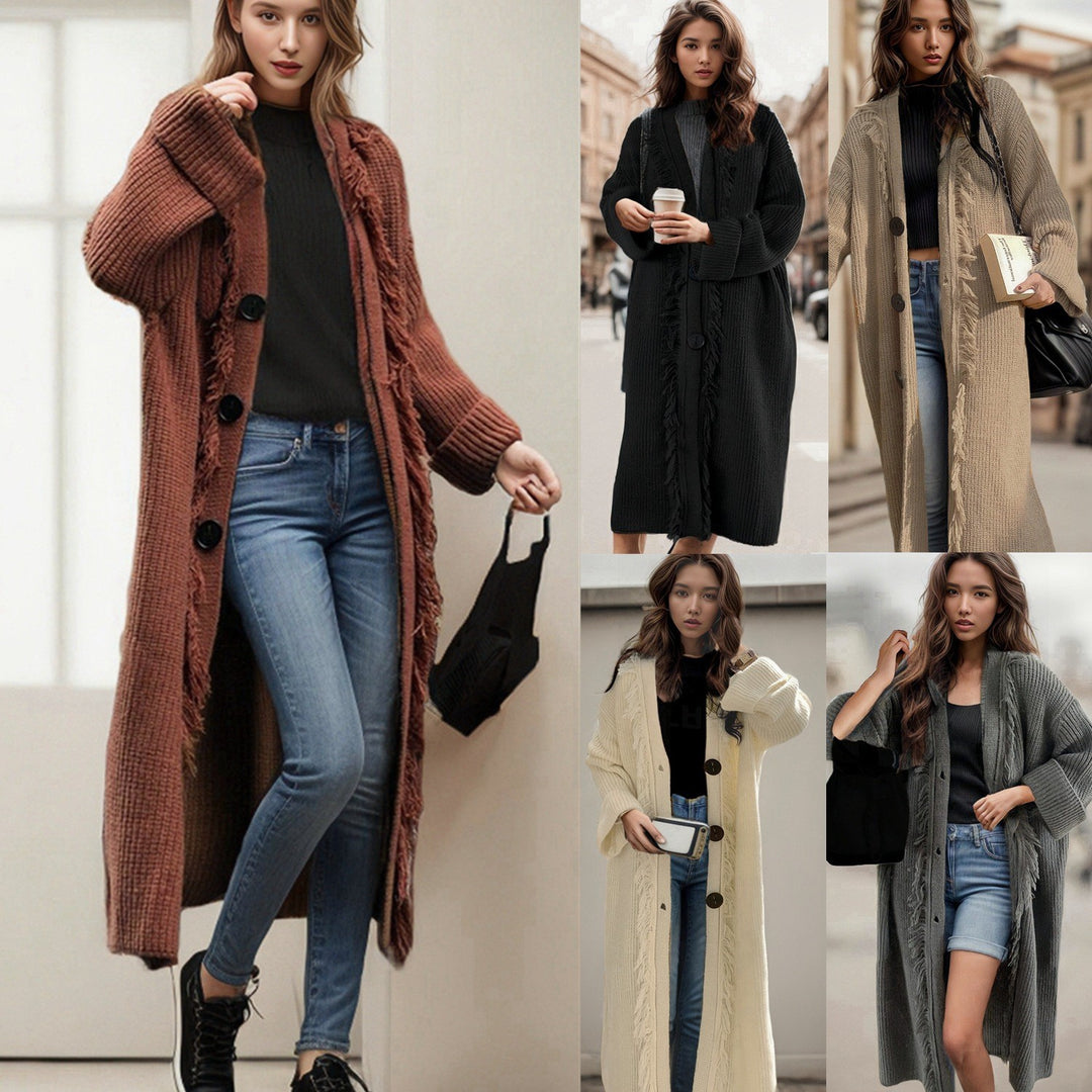 Damen lässiger Strickmantel mit fransigen Abschlüssen und großzügigen Taschen EB