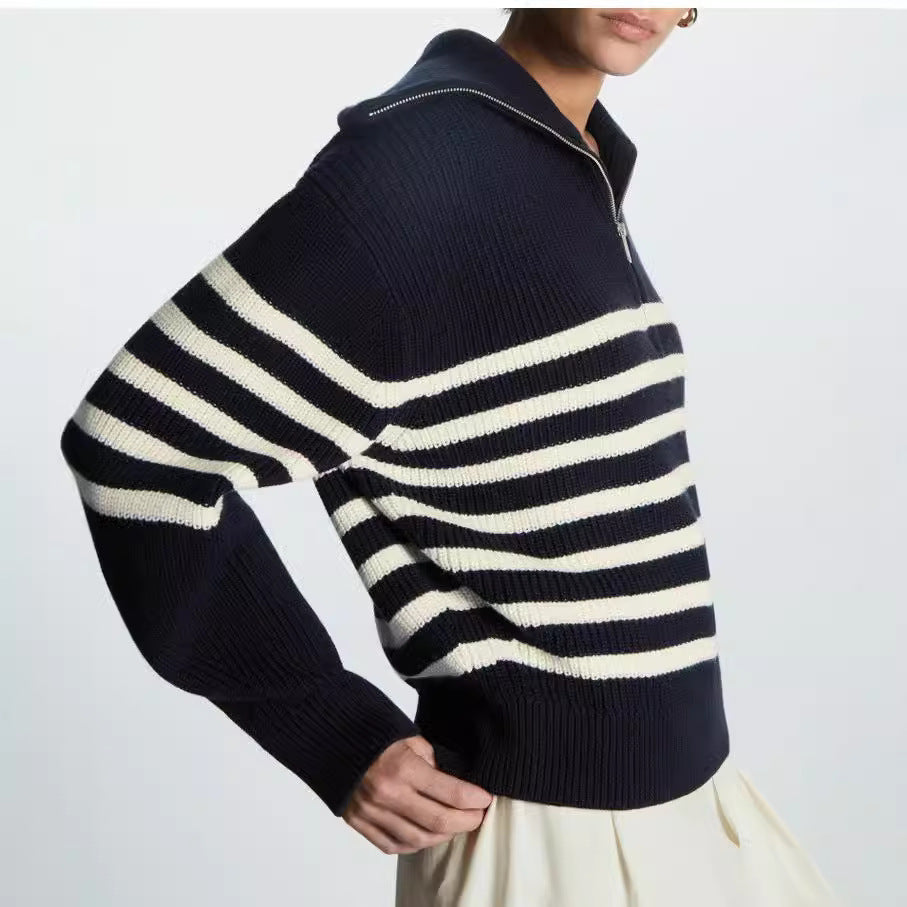 Damen modischer Strickpullover mit halbem Reißverschluss und gestreiftem Design EB