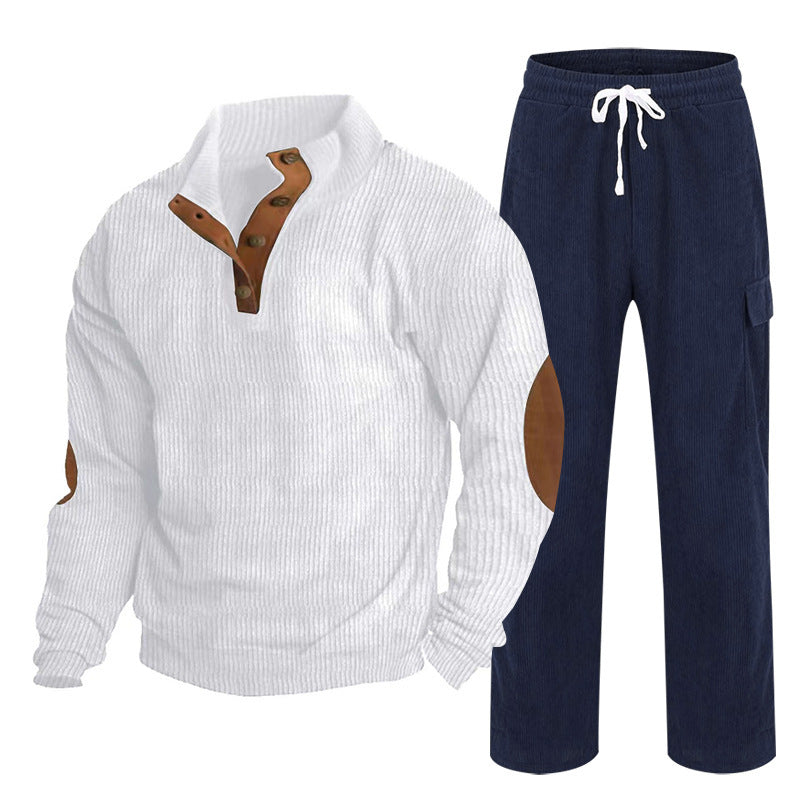 Herren nan Strick-Freizeitset mit Knopfleiste und Ellenbogenaufnähern sowie Cord-Cargohose EB