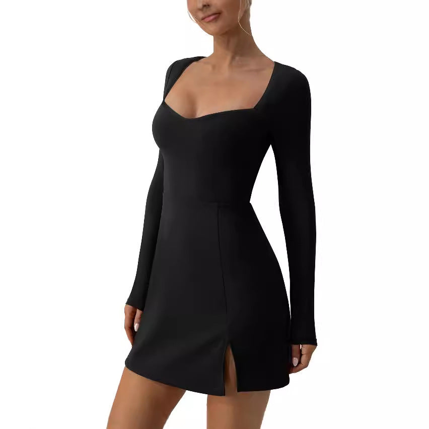 Damen elegantes Minikleid mit tiefem Herzausschnitt und langen Ärmeln EB