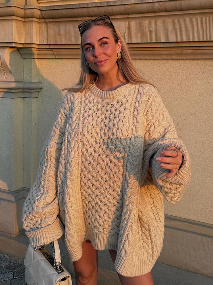 Damen Oversized Strickpullover mit Zopfmuster EB