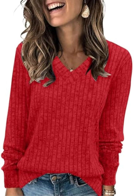 Damen gerippter V‑Ausschnitt Feinstrickpullover mit längerem Arm EB