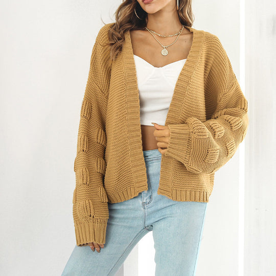 Damen Grobstrick Cardigan mit breiten Ärmeln und V-Ausschnitt EB