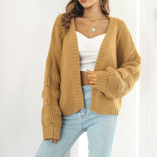 Damen Grobstrick Cardigan mit breiten Ärmeln und V-Ausschnitt EB