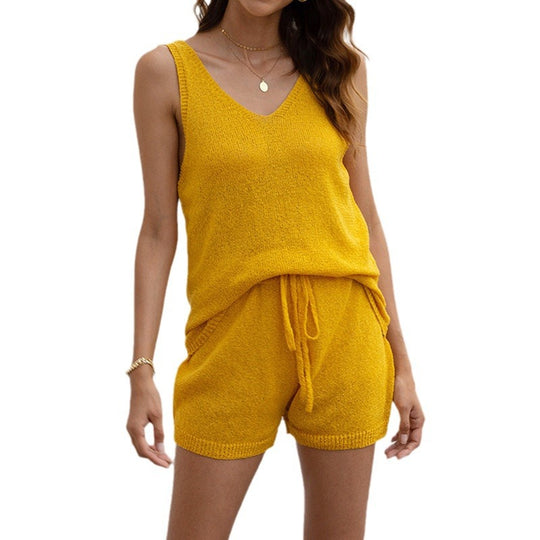 Damen Strick-Shorts-Set mit V-Ausschnitt und verstellbarem Bund EB