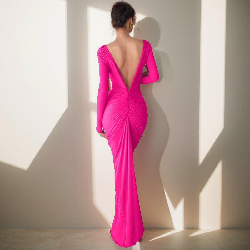 Damen Maxikleid mit tiefem V-Ausschnitt und voluminösen Raffungen EB