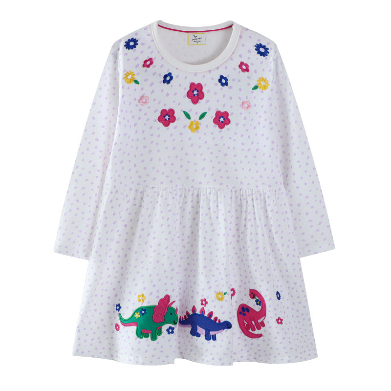 Mädchen Baumwollkleid mit buntem Dinosaurier- und Blumenmotiv EB