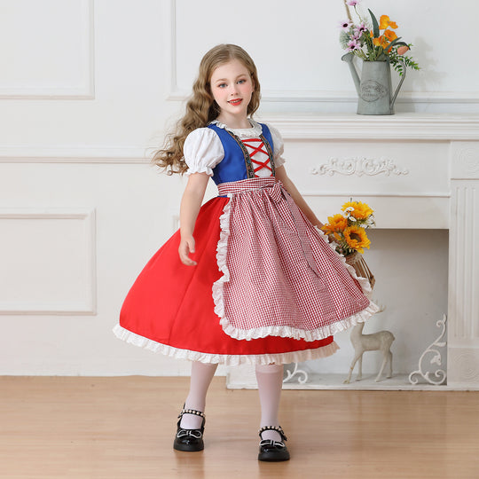 Damen nan traditionelles Kinder-Dirndl Kleid mit geraffter Schürze und Spitzenbesatz EB