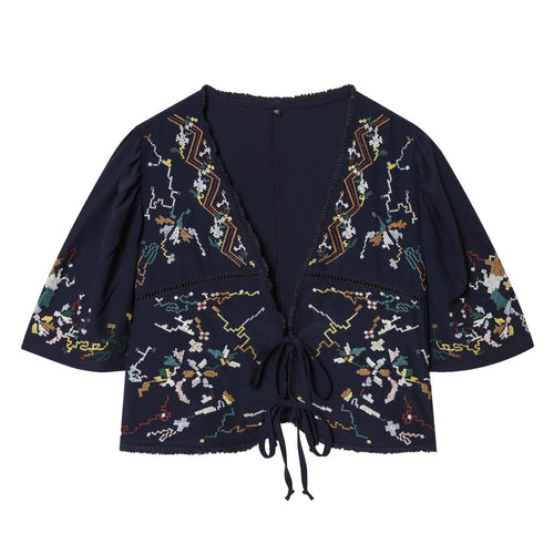 Damen Kurzblusenkimono mit kunstvollem Stickmuster und Taillenschnürung EB