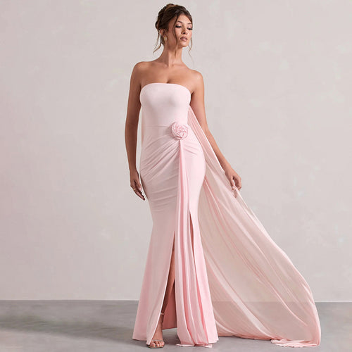 Damen Strapless Abendkleid mit schicker Drapierung und verführerischem Schlitz EB