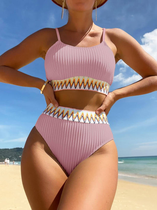 Damen Hochtaillierter Bikini mit geometrischem Muster EB