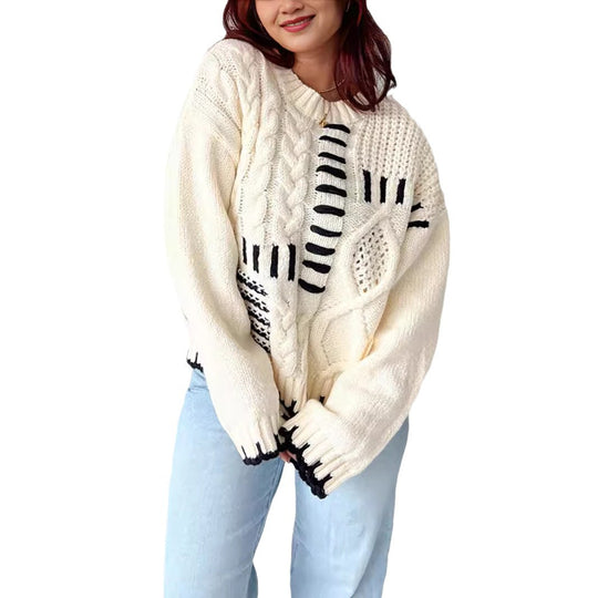 Damen Grobstrickpullover mit kreativem Patchwork-Design und lässigem Schnitt EB