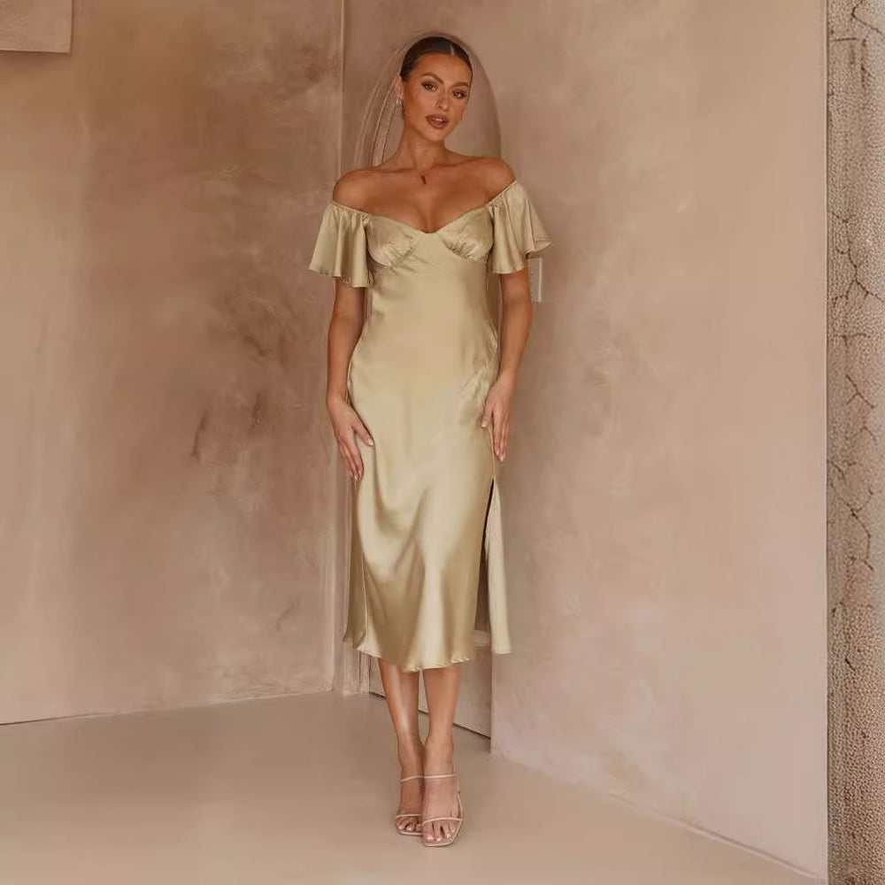 Damen elegantes Off-Shoulder Maxikleid mit seitlichem Schlitz und luftigen Rüschendetails EB