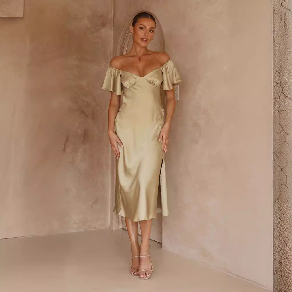 Damen elegantes Off-Shoulder Maxikleid mit seitlichem Schlitz und luftigen Rüschendetails EB
