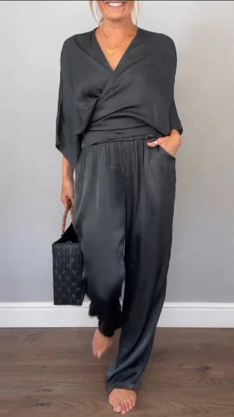 Damen Elegantes Wickeloberteil mit weitem Schnitt und passenden Palazzo-Hosen EB