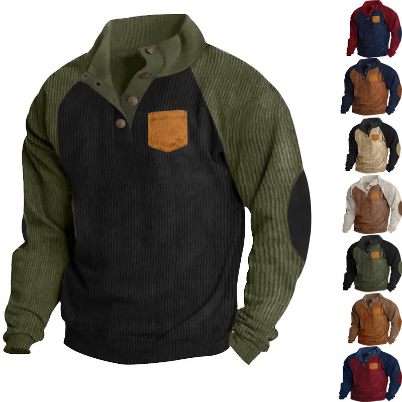 Herren nan geripptes Waffel-Henley-Langarmshirt mit Stehkragen Druckknopfleiste Kontrastärmeln und Brusttasche EB