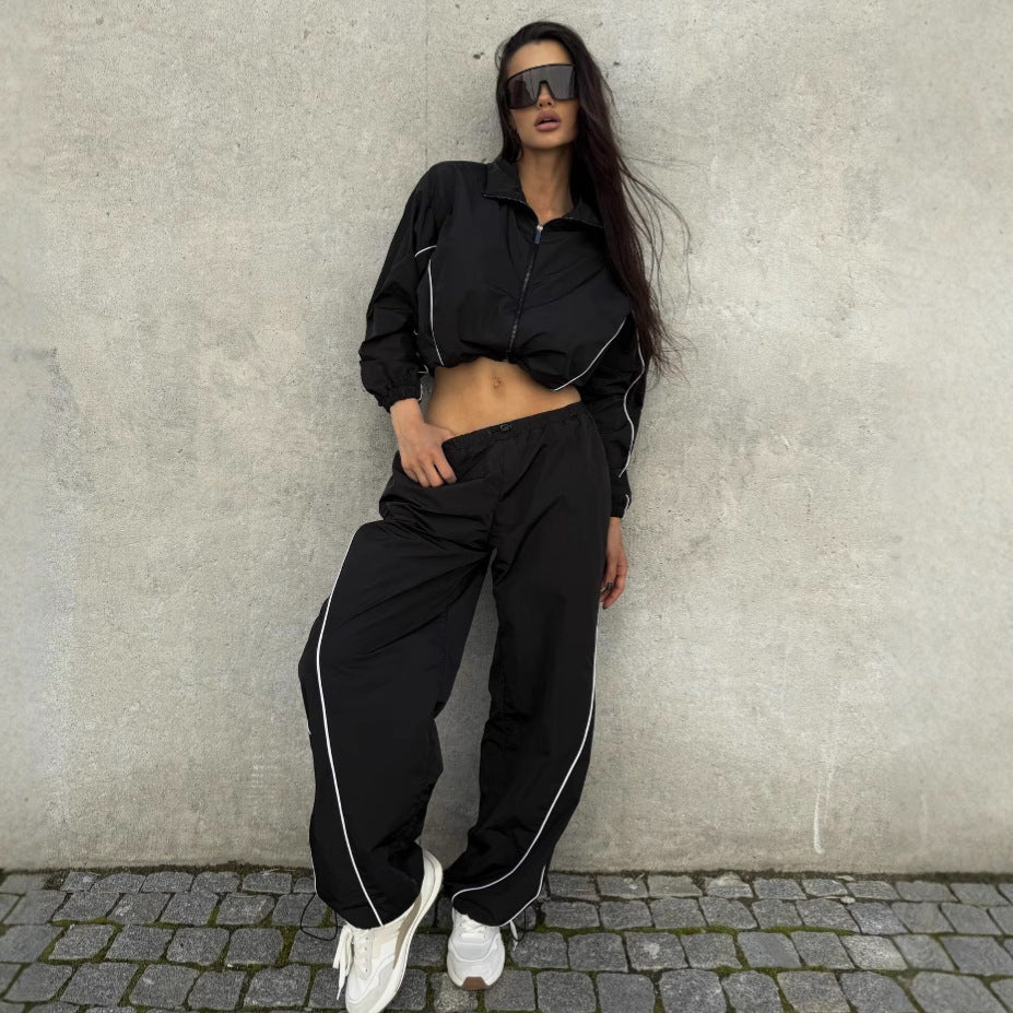 Damen Kurz geschnittene Windbreaker Jacke mit halbem Reißverschluss, Tunnelzug und elastischen Bündchen EB