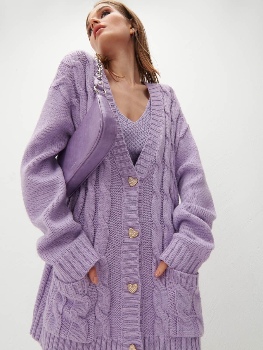 Damen Grobstrick-Cardigan mit herzförmigen Knöpfen und seitlichen Taschen EB