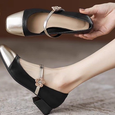 Damen elegante Ballerinas mit geschwungenem Riemen und glänzender Zehenkappe EB