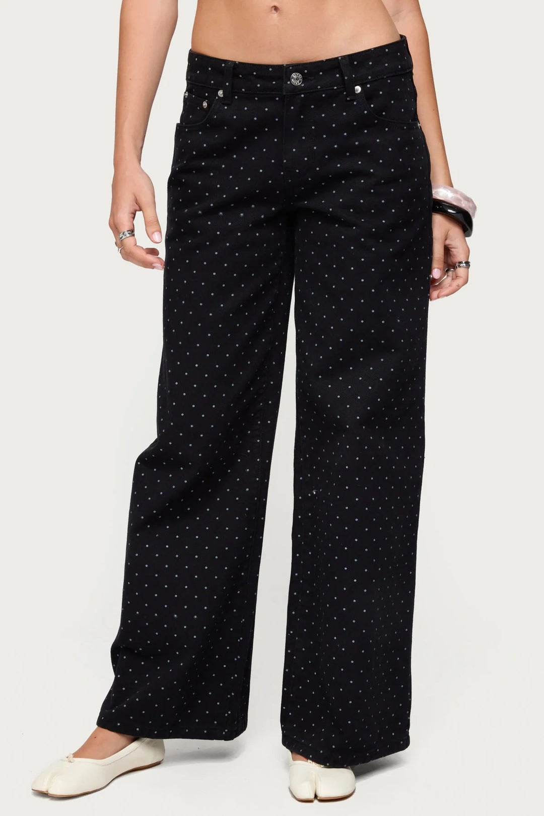 Damen nan hochgeschnittene weite Denimhose mit durchgehendem Punktmuster und klassischem Taschen-Design EB